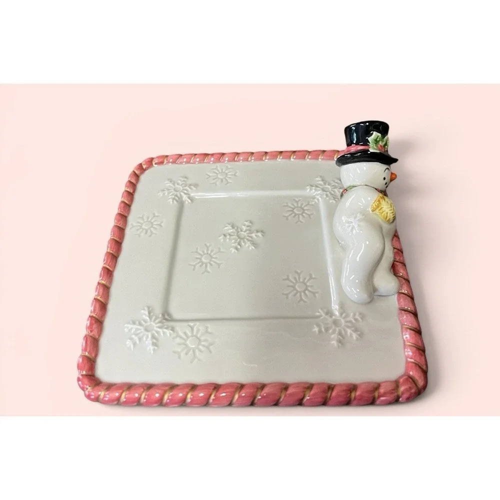 Fitz & Floyd Frosty Folks Snowman Candy Dish Trinket Tray Snowflakes‎ Candy Cane